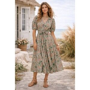 Lola Australia Palm Print Midi Dress XS‎ Blue Floral Puff Sleeve Boho Cottage
